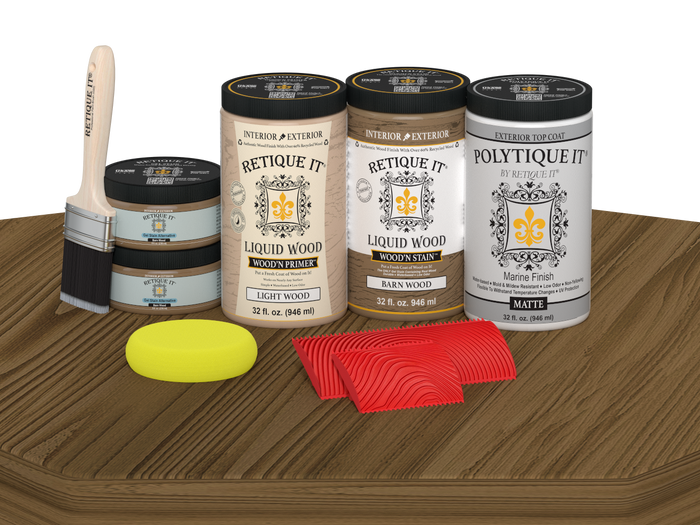 Retique It Barn Wood refinishing kit with product containers, brush, graining tools, and sponge.