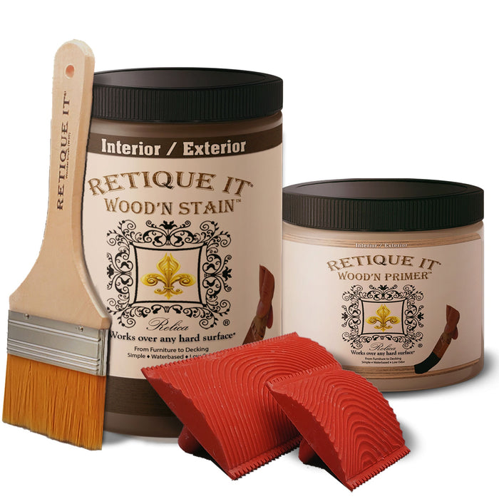 Retique It Wood'n Finish Kit in Black Walnut stain, featuring brushes and finishing supplies for wood furniture.