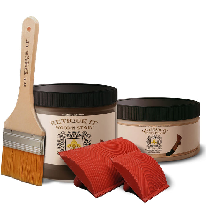 Retique It Wood'n Finish Kit in Black Walnut stain with stain bottles and applicator brushes for wood finishing projects.