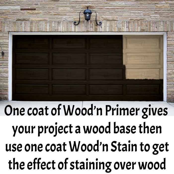 Retique It Wood'n Finish Kit in Black Walnut stain applied with two coats on a garage door, showcasing rich wood finish.