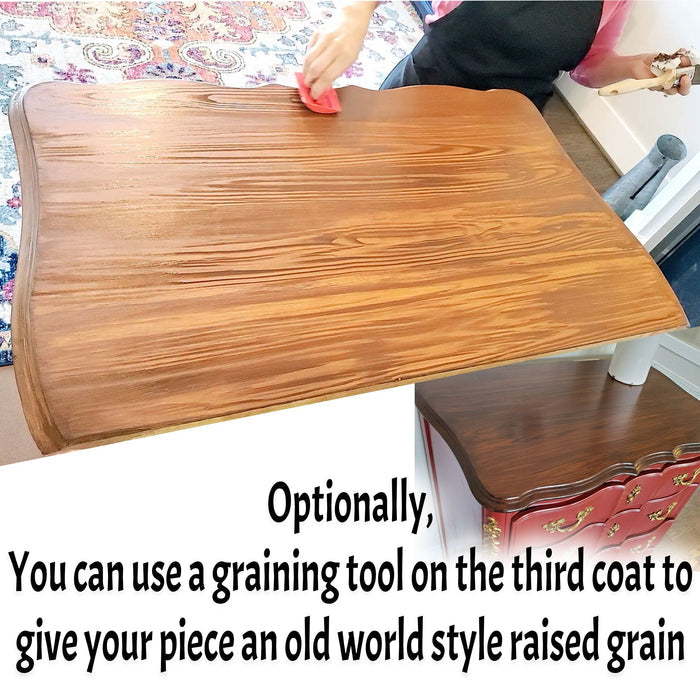 Retique It Wood'n Finish Kit in Black Walnut stain with a third coat applying natural wood grain enhancement.