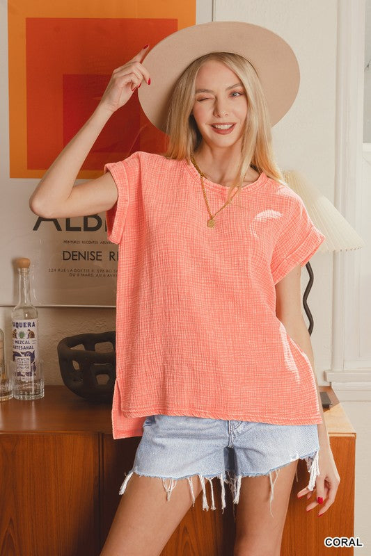 WOVEN DOUBLE GAUZE ACID WASH TOP