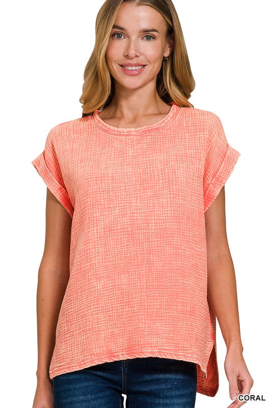 WOVEN DOUBLE GAUZE ACID WASH TOP