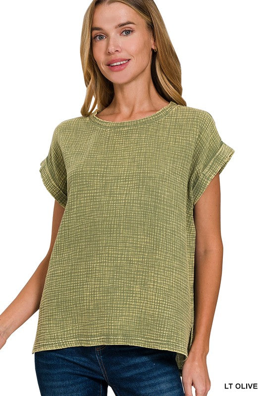 WOVEN DOUBLE GAUZE ACID WASH TOP