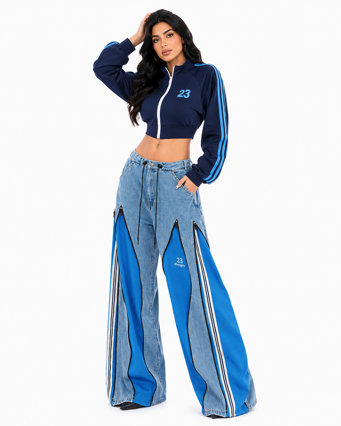 Zip-Panel Wide Leg Denim Pants - Nova