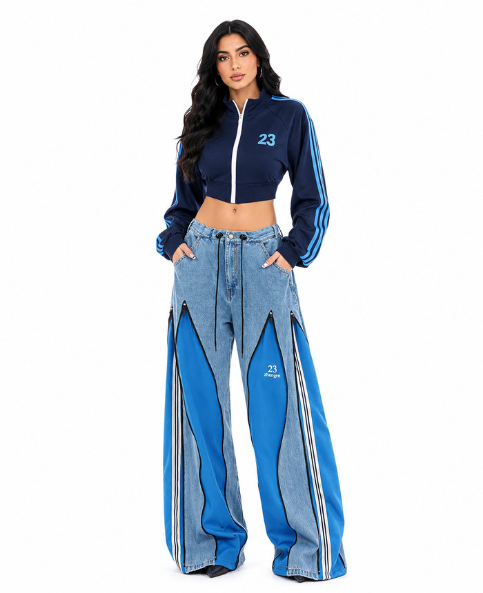 Zip-Panel Wide Leg Denim Pants - Nova