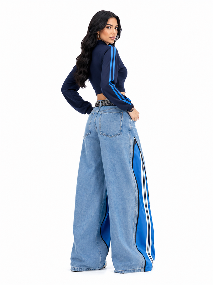 Zip-Panel Wide Leg Denim Pants - Nova